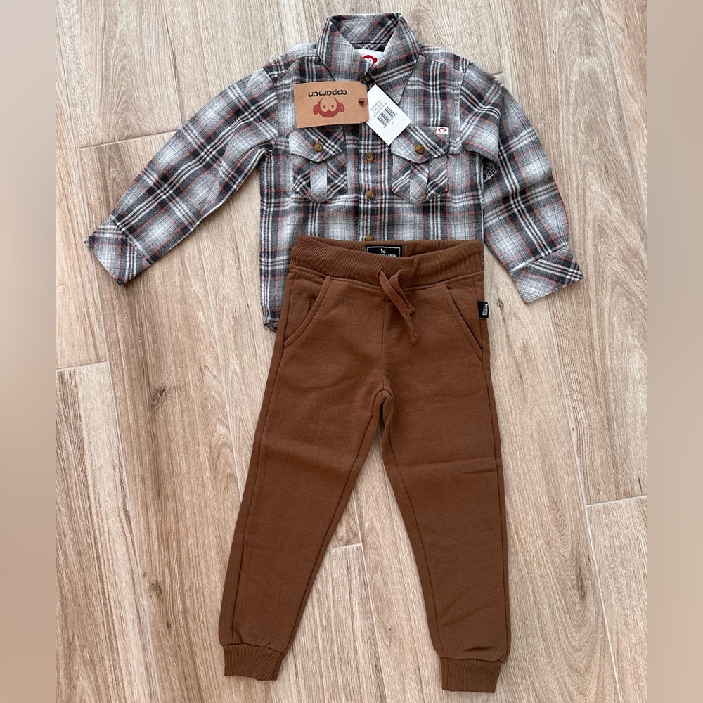 Plaid Shirt and Brown Joggers Set for toddler boy